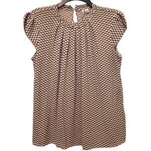 Elle Geometric Top Pink Black Ruffled Neckline Cap Sleeve Medium